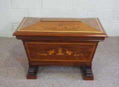 A late Regency mahogany and marquetry inlaid wine cistern, early 19th century, of sarcophagus