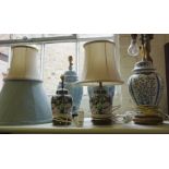 Six assorted table lamps, including two pairs of Ginger Jar styled lamp bases and a brass column