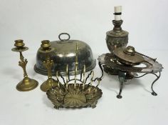 A quantity of silver plate and metal wares, including a pair of brass candlesticks, a converted