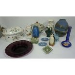 A selection of glass and ceramics, including a Parian centrepiece with putti supporters, A Royal