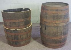 A banded oak American Bourbon whiskey cask, with indistinct stamps for Makers Mark Bourbon, 90cm