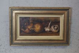 S. Gaze, British, 20th century,  Still life of Onions, Garlic and a Mushroom,  oil on canvas, signed