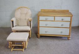 A modern bentwood rocking chair with similar footstool; together with part painted chest of