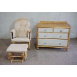 A modern bentwood rocking chair with similar footstool; together with part painted chest of