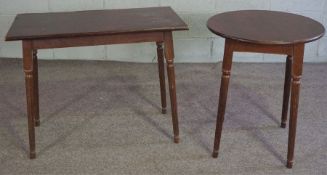 Two beech framed occasional tables, modern, one circular, the other similar but rectangular, with