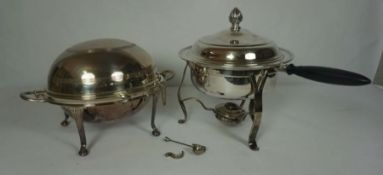 A large silver plated heated covered tureen and stand, including burner, stand, outer dish, inner
