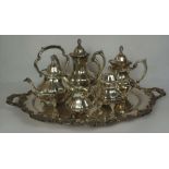 A five piece silver plated tea and coffee service, together with a large associated tray,