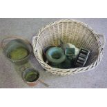 Large wicker basket, containing assorted metalwork, including an unusual tin and glass light