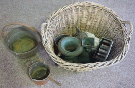 Large wicker basket, containing assorted metalwork, including an unusual tin and glass light