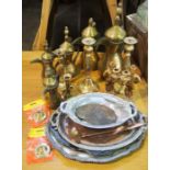 A pair of brass 18th century style candlesticks; together with assorted metalware, including four