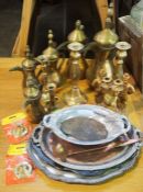 A pair of brass 18th century style candlesticks; together with assorted metalware, including four