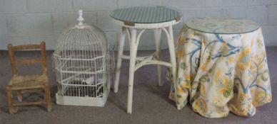 A white painted wire work decorative bird cage, 74cm high; together with two small occasional tables