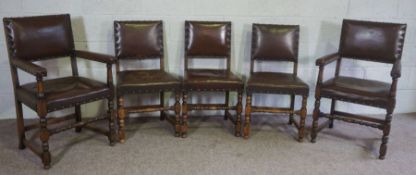 A set of five 17th century refectory style leather and oak dining chairs, 20th century revival,