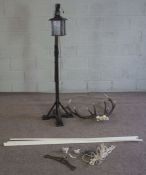 A hanging lantern on stand; together with a set of red deer ten point antlers and a Scotch airer