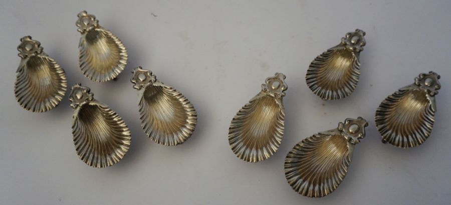 A set of eight Continental silver oyster servers, stamped S. Cipoli, 800, each a shell with scrolled - Image 3 of 8