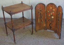 A 19th century two tier whatnot, with turned supports and brass castors; together with a three