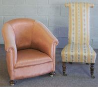 A Victorian prie-dieu/ prayer chair, with turned legs and brass castors; together with a tub