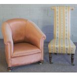 A Victorian prie-dieu/ prayer chair, with turned legs and brass castors; together with a tub