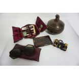 Assorted vintage items, including a ladies turned wood powder box, with bear finial, a pair of