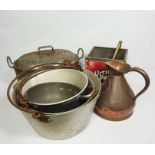 An assortment of metal ware including a Scottish copper ships rum jug, by Clegg of Montrose, 28cm