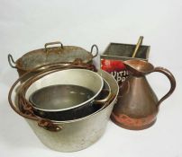 An assortment of metal ware including a Scottish copper ships rum jug, by Clegg of Montrose, 28cm