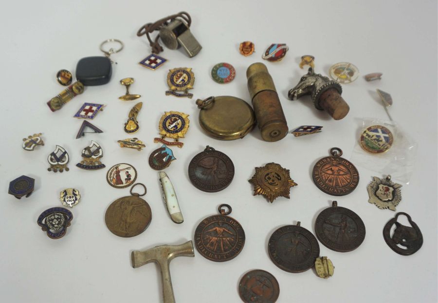 A quantity of assorted badges, a brass shell case lighter, Acme whistle and similar (a lot) - Image 2 of 6