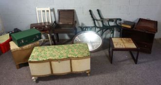 A piano stool, together with a group of items, including an ottoman, garden bench frame, coffee