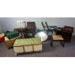 A piano stool, together with a group of items, including an ottoman, garden bench frame, coffee