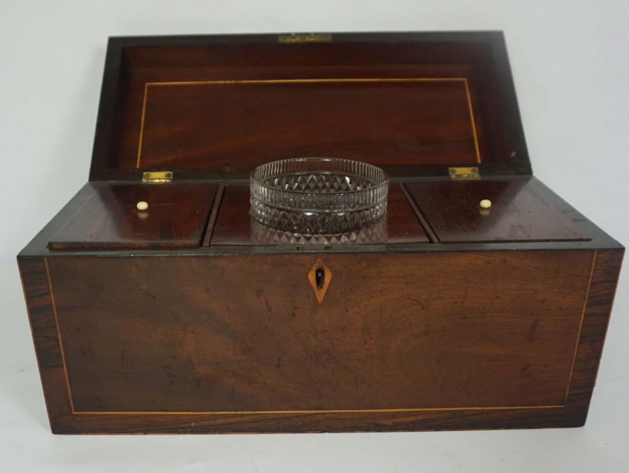 A George IV mahogany and rosewood tea caddy, circa 1825, 38cm wide; together with a smaller rosewood - Image 2 of 8
