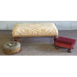 A modern tapestry topped footstool, 95cm long, 37cm high; together with two small footstools (3)