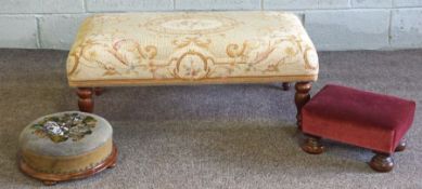 A modern tapestry topped footstool, 95cm long, 37cm high; together with two small footstools (3)