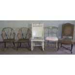 A white painted rocking chair; together with two small Windsor armchairs, with elm seats, a French