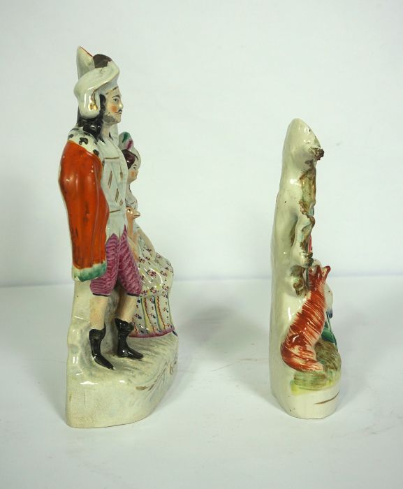 A Staffordshire flatback figure of a Lady and Gallant, she holding a Fallow Deer, 31cm high; - Image 5 of 6