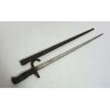 A French Gras Bayonet, with scabbard,  Inscription on Blade Mre d Armes de Etienne aout 1879 (