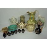 A large assortment of ceramics, including a large Secessionist style jug, a Doulton stoneware