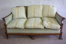 A Colonial style three piece Bergere style suite, including a three seat settee, 79cm high, 164cm