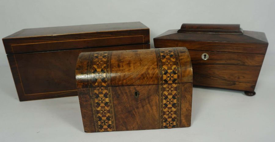 A George IV mahogany and rosewood tea caddy, circa 1825, 38cm wide; together with a smaller rosewood