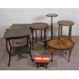 A selection of small occasional tables, including a bamboo two tier table, and an octagonal table;