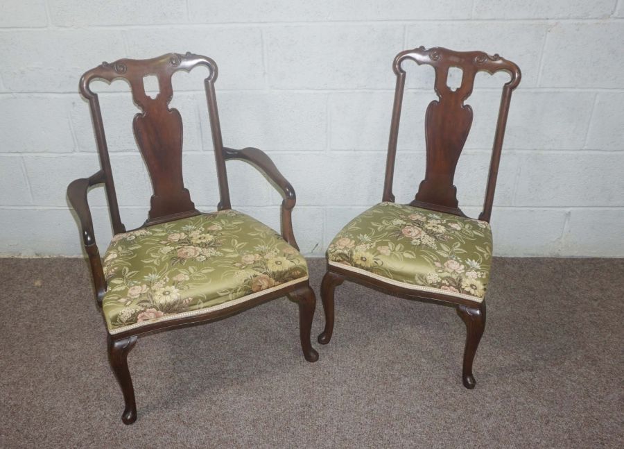 A compact George I style walnut armchair and matching side chair, both with shaped vase splats and - Image 3 of 3