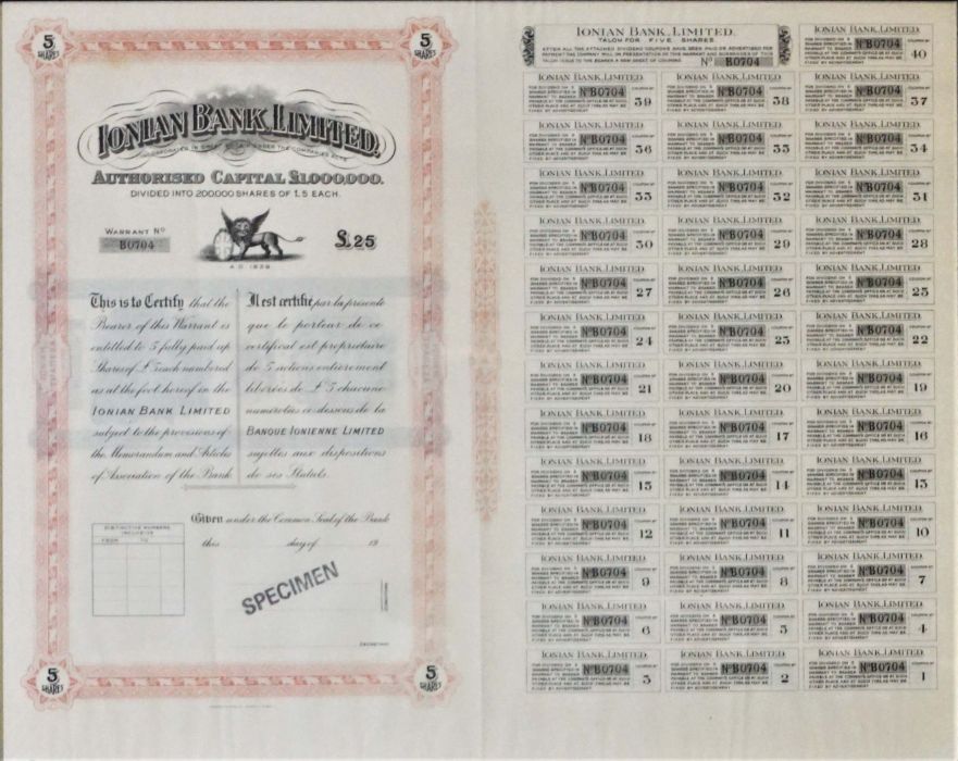 Ionian Bank Share Cetrificate, Specimen, framed; together with a small collection of old mining - Image 2 of 17