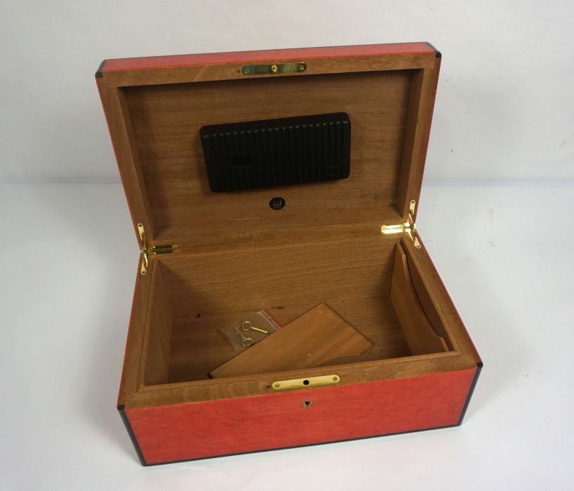 A vintage Dunhill burr maple and ruby laquered humidor box, 15cm high, 36cm wide; together with a - Image 5 of 8