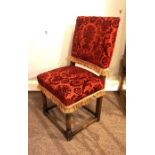 A Jacobean style oak side chair, with red damask back and seat, with turned front legs, 102cm high