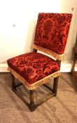 A Jacobean style oak side chair, with red damask back and seat, with turned front legs, 102cm high