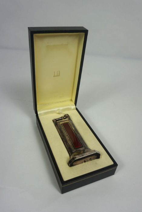A vintage Dunhill burr maple and ruby laquered humidor box, 15cm high, 36cm wide; together with a - Image 7 of 8