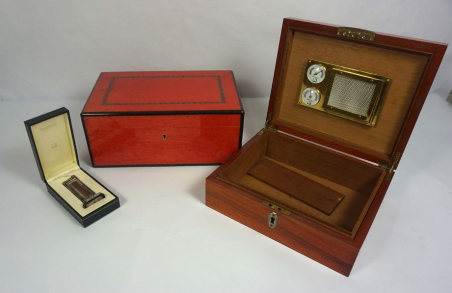 A vintage Dunhill burr maple and ruby laquered humidor box, 15cm high, 36cm wide; together with a