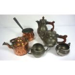 A group of assorted pewter, including a four piece tea service, five assorted measured tankards