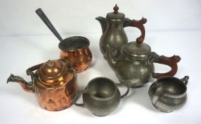 A group of assorted pewter, including a four piece tea service, five assorted measured tankards