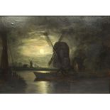 After Van de Neer, Dutch School, A Nocturne with Windmill, oil on board, 214cm x 34cm