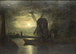 After Van de Neer, Dutch School, A Nocturne with Windmill, oil on board, 214cm x 34cm