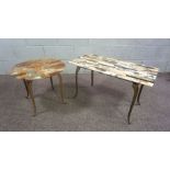 A stone topped Continental coffee table, with rectangular stone parquetry top, on a metal stand,